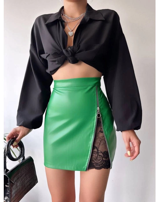 Dantelli fermuarlı deri etek yeşil w24598