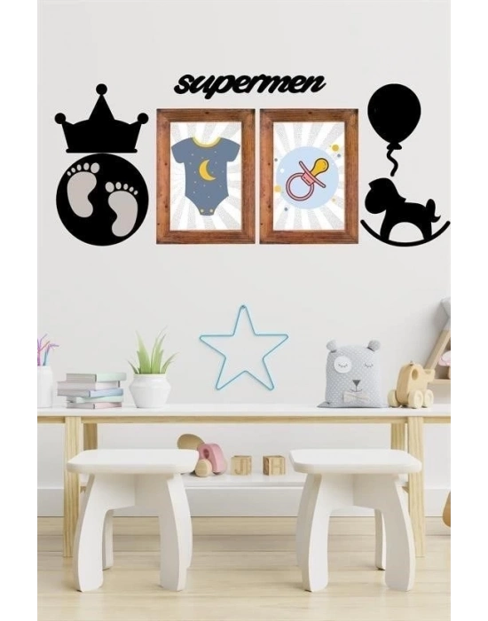 ÇOK SATAN DECO103 Supermen Dekoratif Duvar Süsü Tablo Aksesuar Ahşap Tasarım Hediye Pano Sticker Seti