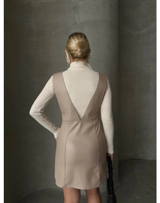 Deri jile elbise bej w24796