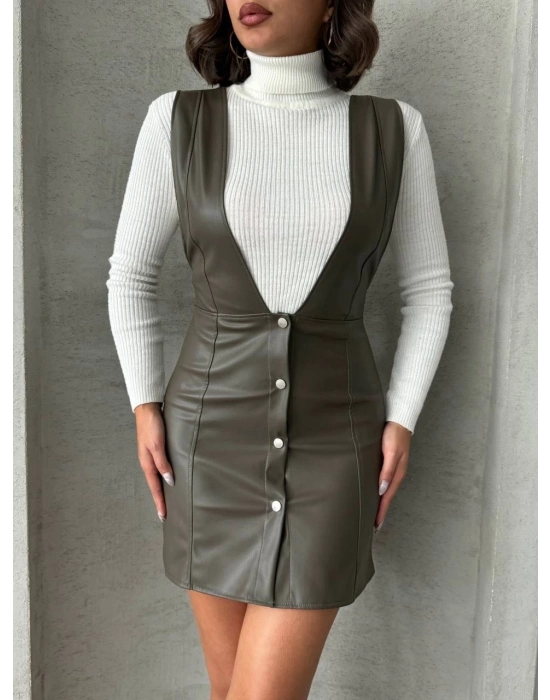 Deri jile elbise haki w24796