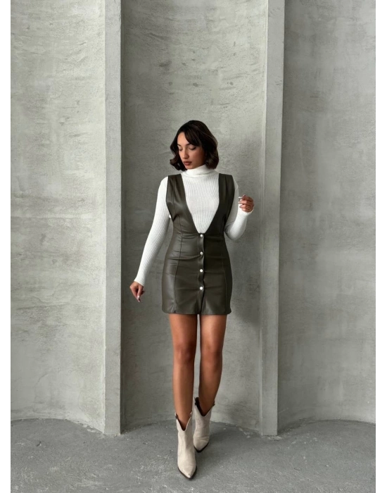 Deri jile elbise haki w24796