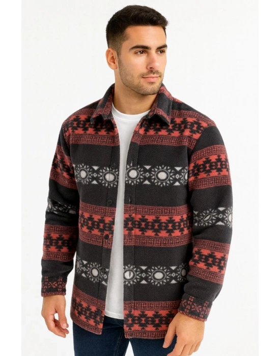 Desenli Polar Gömlek – Etnik Şerit Desen Yakalı, Uzun Kollu, Düğmeli, Oversize Rahat Kalıp - Füme -