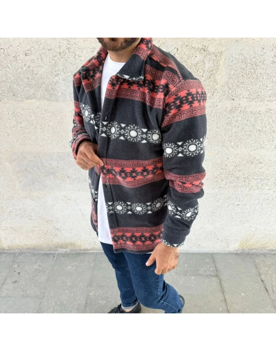 Desenli Polar Gömlek – Etnik Şerit Desen Yakalı, Uzun Kollu, Düğmeli, Oversize Rahat Kalıp - Füme -