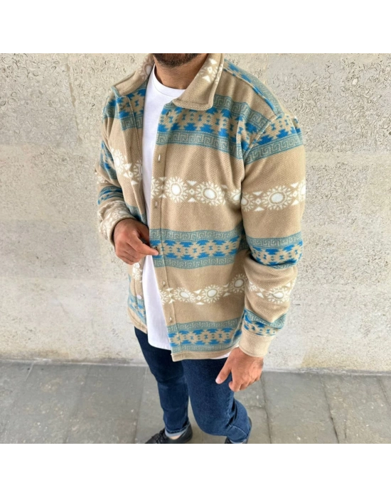 Desenli Polar Gömlek – Etnik Şerit Desen Yakalı, Uzun Kollu, Düğmeli, Oversize Rahat Kalıp - Sarı -