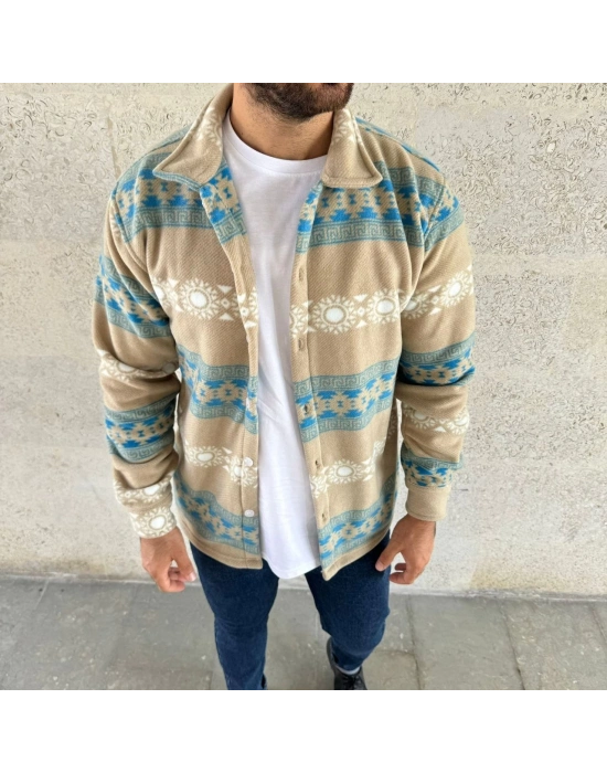 Desenli Polar Gömlek – Etnik Şerit Desen Yakalı, Uzun Kollu, Düğmeli, Oversize Rahat Kalıp - Sarı -