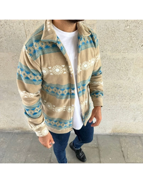 Desenli Polar Gömlek – Etnik Şerit Desen Yakalı, Uzun Kollu, Düğmeli, Oversize Rahat Kalıp - Sarı -