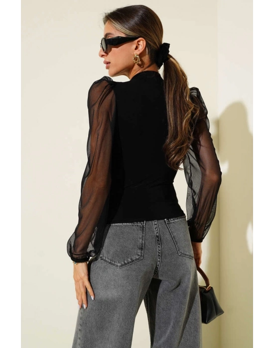 Dik yaka tül kollu bluz siyah t3066