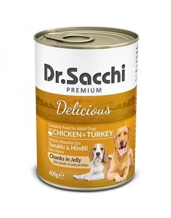 ÇOK SATAN Dr.Sacchi Tavuk ve Hindi Etli Yetişkin Köpek Konservesi 400 Gr