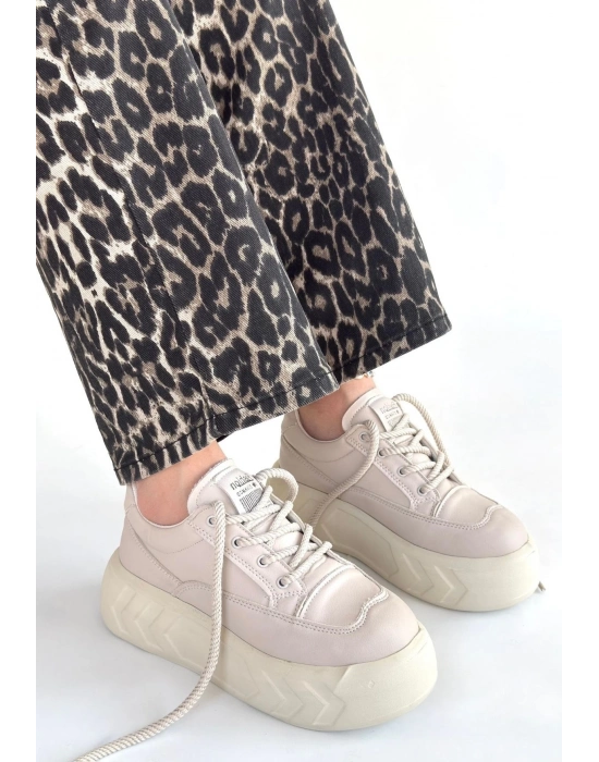 Emwa Bej Cilt Bağcıklı Spor Ayakkabı