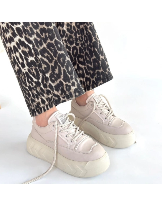 Emwa Bej Cilt Bağcıklı Spor Ayakkabı