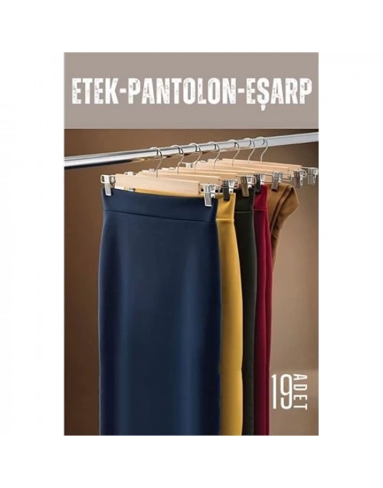 ÇOK SATAN Etek Pantolon Eşarp Kıskaçlı Askı 19 Adet Ahşap