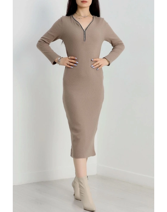 Fermuar detaylı fitilli şardonlu elbise bej a3178