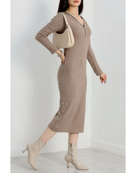 Fermuar detaylı fitilli şardonlu elbise bej a3178