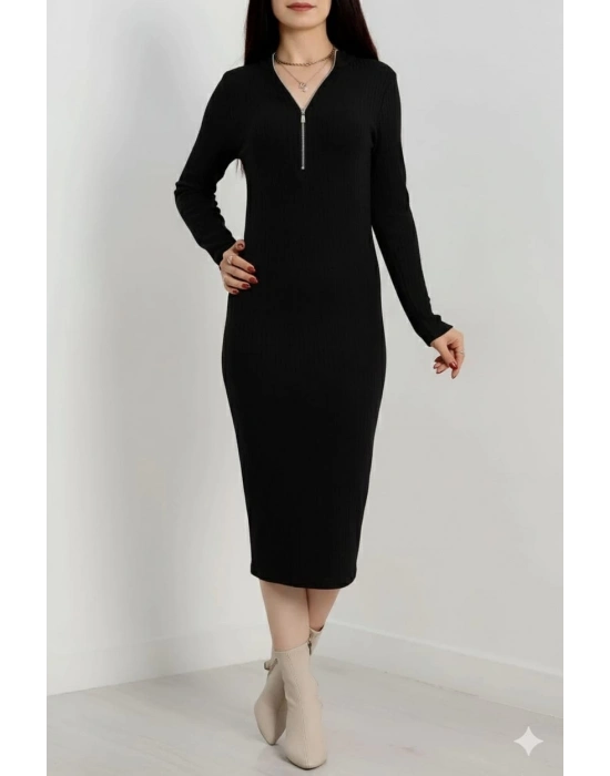 Fermuar detaylı fitilli şardonlu elbise siyah a3178