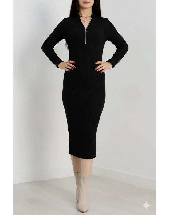 Fermuar detaylı fitilli şardonlu elbise siyah a3178