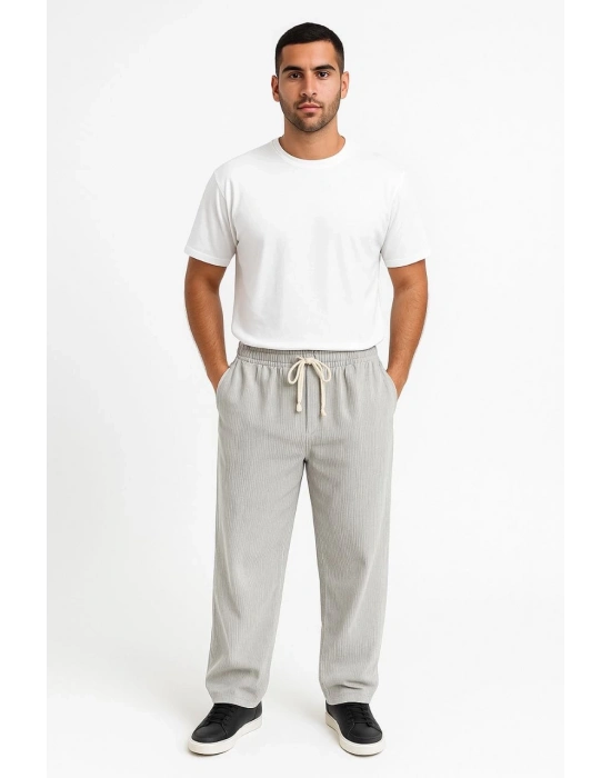 Fitilli Kadife Cepli Buggy Pantolon Oversize Rahat Kalıp - Gri