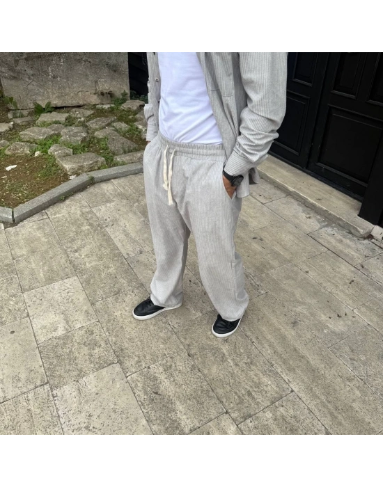 Fitilli Kadife Cepli Buggy Pantolon Oversize Rahat Kalıp - Gri