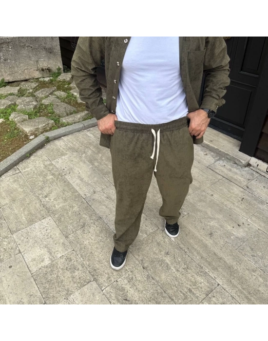 Fitilli Kadife Cepli Buggy Pantolon Oversize Rahat Kalıp - Haki