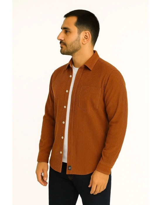 Fitilli Kadife Cepli Gömlek Oversize Rahat Kalıp - Kahverengi