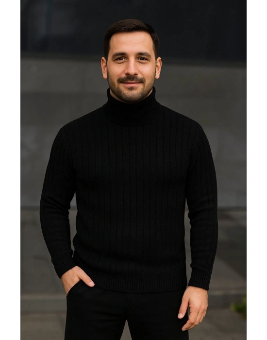 Fitilli Triko Kazak 2li Set Bordo Siyah Regular Balıkcı Yaka Tam Boğazlı Triko Seti Modeli Kazak