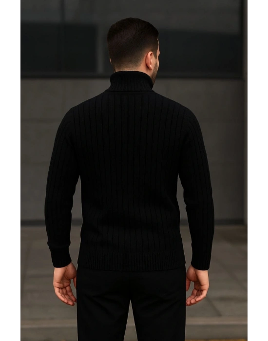 Fitilli Triko Kazak 2li Set Bordo Siyah Regular Balıkcı Yaka Tam Boğazlı Triko Seti Modeli Kazak