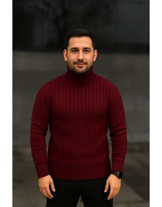 Fitilli Triko Kazak 2li Set Bordo Siyah Regular Balıkcı Yaka Tam Boğazlı Triko Seti Modeli Kazak