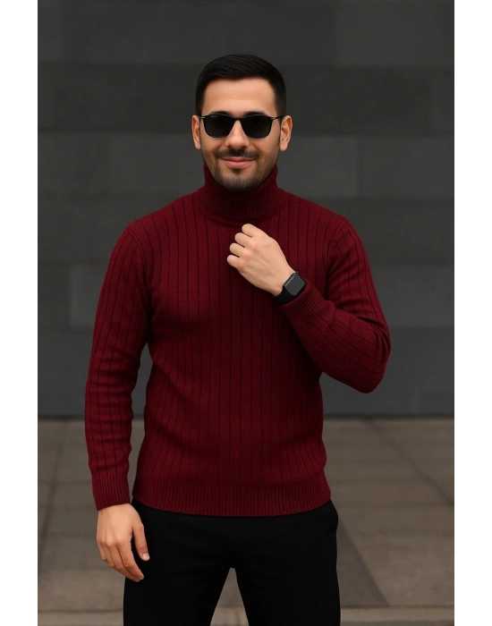 Fitilli Triko Kazak 2li Set Bordo Siyah Regular Balıkcı Yaka Tam Boğazlı Triko Seti Modeli Kazak