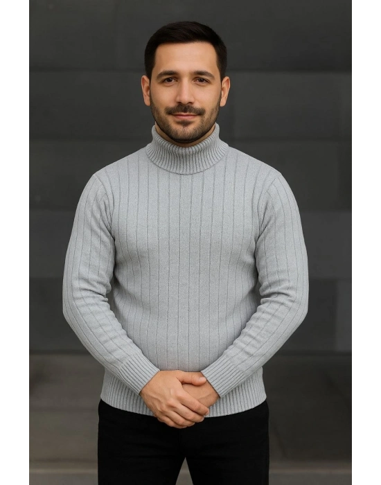 Fitilli Triko Kazak 2li Set Gri Siyah Regular Balıkcı Yaka Tam Boğazlı Triko Seti Modeli Kazak