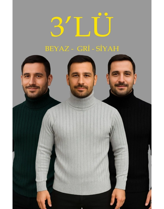 Fitilli Triko Kazak 3lÜ Set Gri Haki Siyah