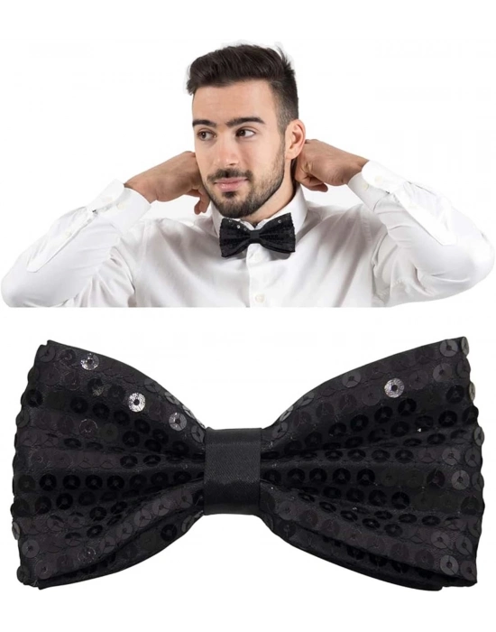ÇOK SATAN Gece Işıltısı Siyah Payetli Pullu Papyon 7x2 Cm