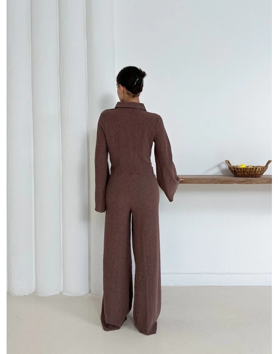 Gömlek yaka kaplama düğmeli takım kahve st265866