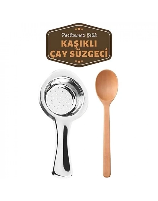ÇOK SATAN Homecare Paslanmaz Metal Çay Süzgeci Ahşap Kaşık Seti