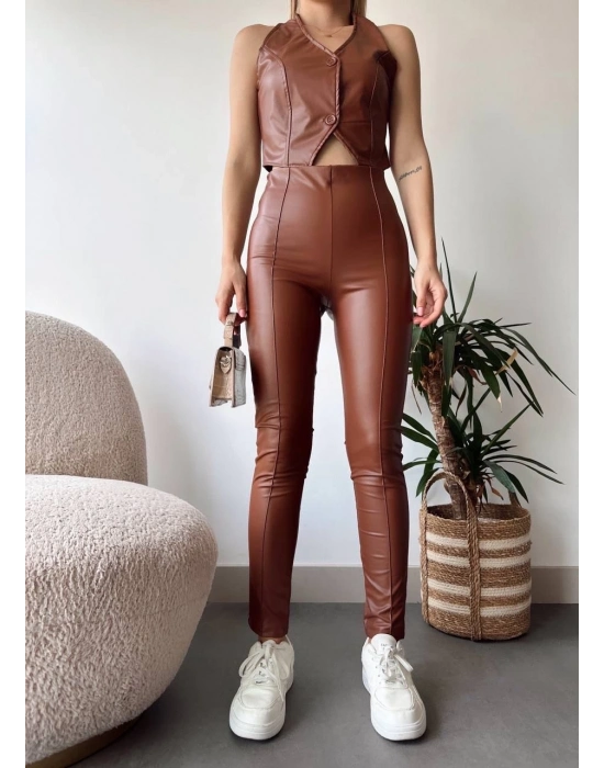 İki düğmeli deri yelek kahve s243001