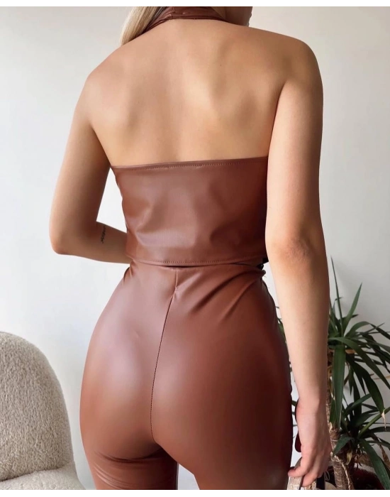 İki düğmeli deri yelek kahve s243001