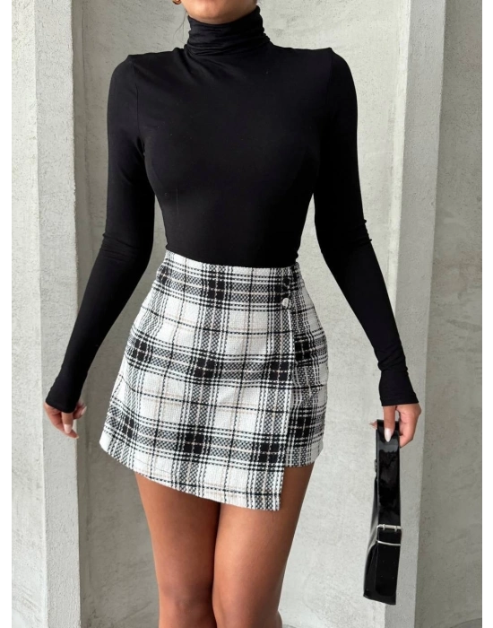 İki düğmeli şort ch kumaş etek ekoseli siyahbeyaz h26414