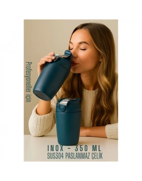 ÇOK SATAN Inox Çelik Kahve Bardağı - 350 ml  SUS304 Çelik Termos Profesyonel MAVİ