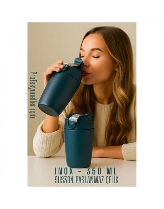 ÇOK SATAN Inox Çelik Kahve Bardağı - 350 ml  SUS304 Çelik Termos Profesyonel MAVİ