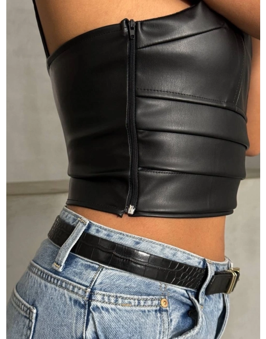 İp askılı yandan fermuarlı rastale deri crop siyah s24113