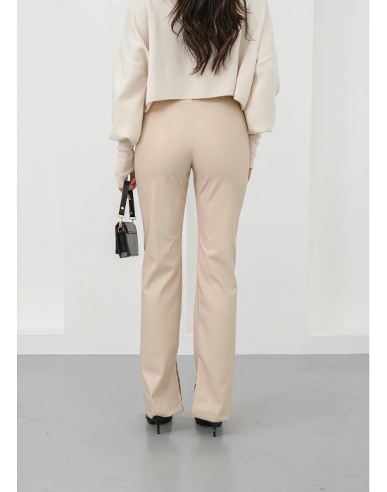 İspanyol yırtmaçlı paça deri pantolon bej hn