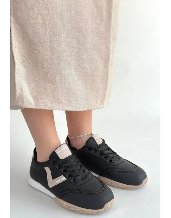 Jowen Siyah Cilt Bej Detaylı Bağcıklı Spor Ayakkabı