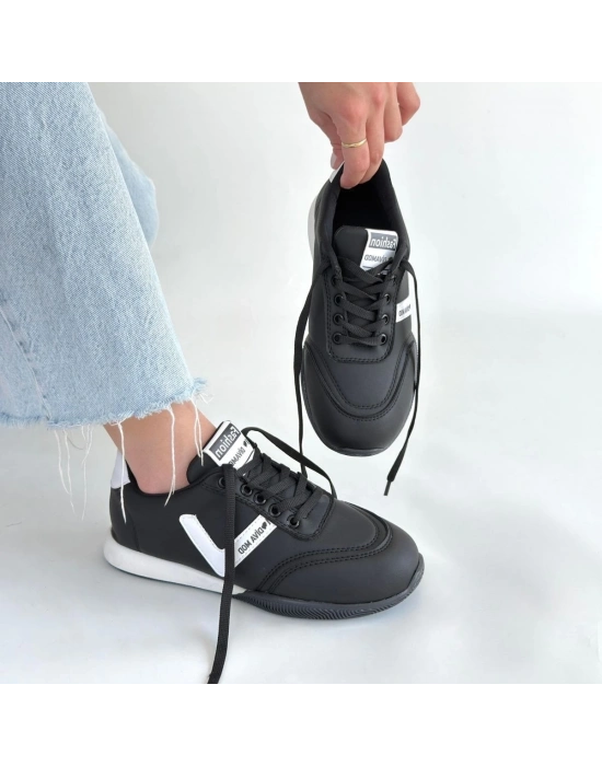 Jowen Siyah Cilt Beyaz Detaylı Bağcıklı Spor Ayakkabı