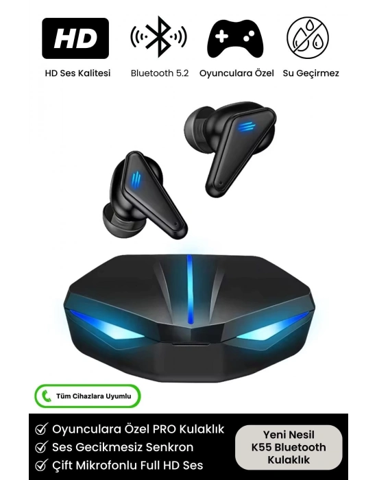 ÇOK SATAN K55 Tws Pro Oyuncu Kulaklığı 3D Stereo Ses Extra Bass Işıklı Mikrofonlu Bluetooth Kablosuz Kulaklık