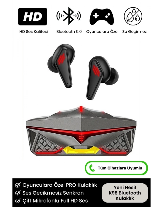 ÇOK SATAN K98 Pro Oyuncu HD Ses Mikrofonlu Işıklı Metal Kasa iOS Android Uyumlu Bluetooth Kablosuz Kulaklık