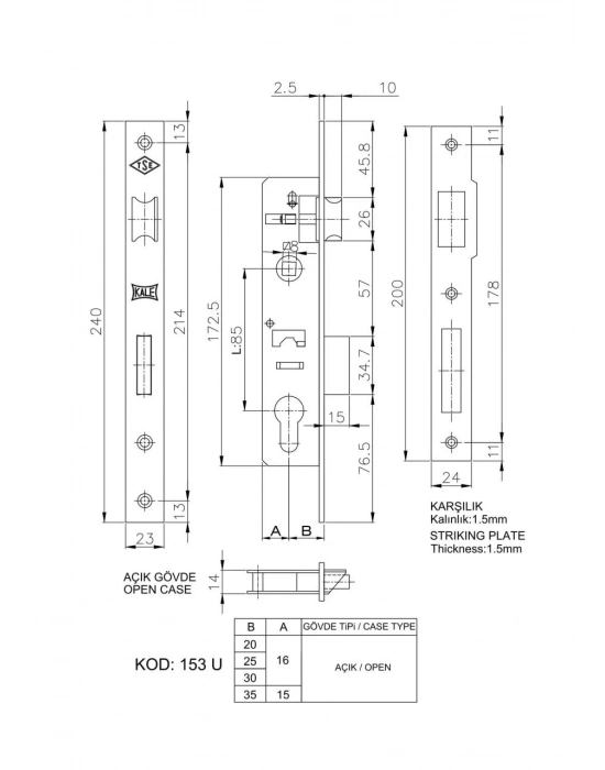 ® Kale 153 U 25 mm Dilli Silindirli Kilit