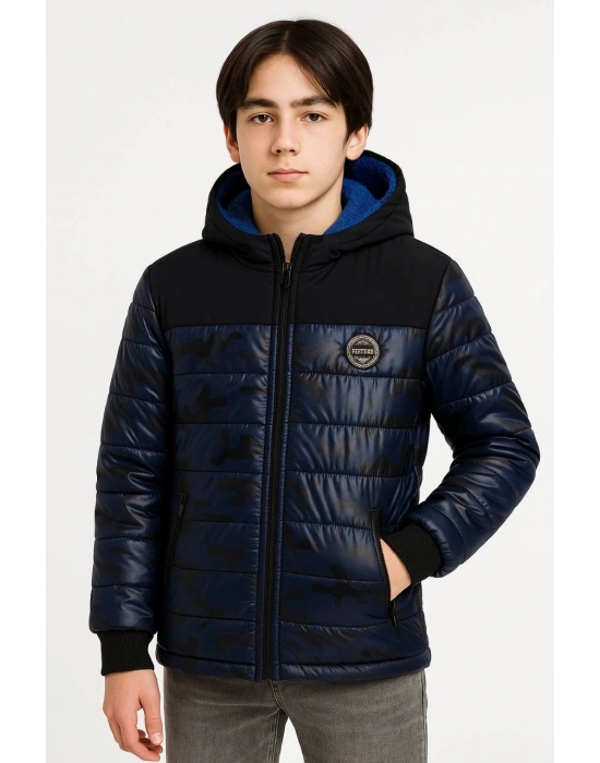 Kamuflaj Desenli Mont İçi Sıcak Tutan Pelüş Astarlı, Kapüşonlu, Fnt - Lacivert