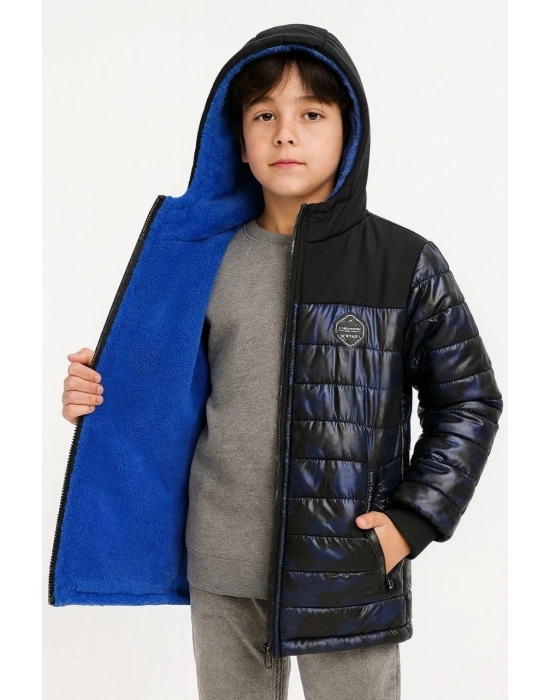 Kamuflaj Desenli Mont İçi Sıcak Tutan Pelüş Astarlı, Kapüşonlu, Fnt - Lacivert