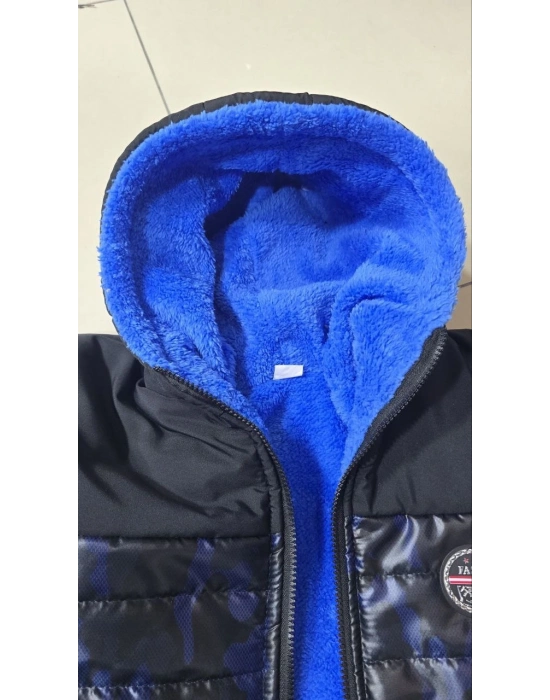 Kamuflaj Desenli Mont İçi Sıcak Tutan Pelüş Astarlı, Kapüşonlu, Fnt - Lacivert