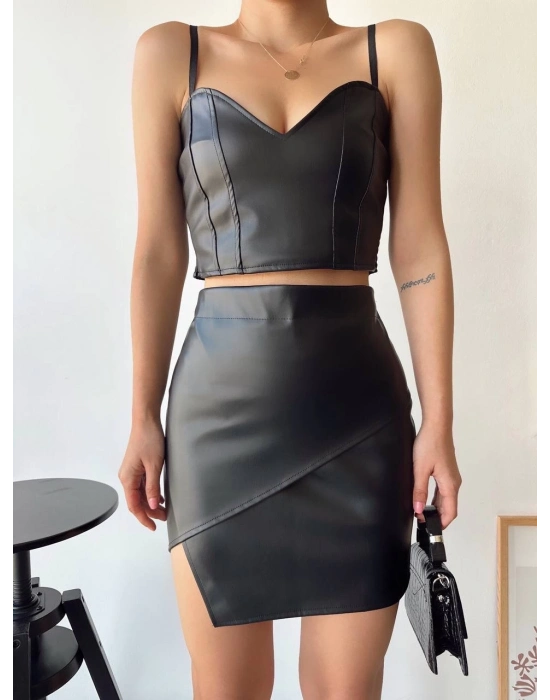 Kapaklı asimetrik model deri etek siyah s240106