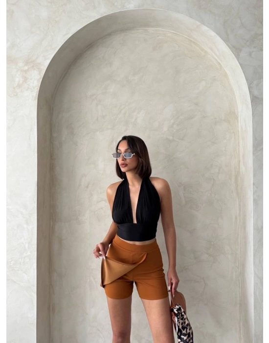 Kapaklı şort etek camel s208