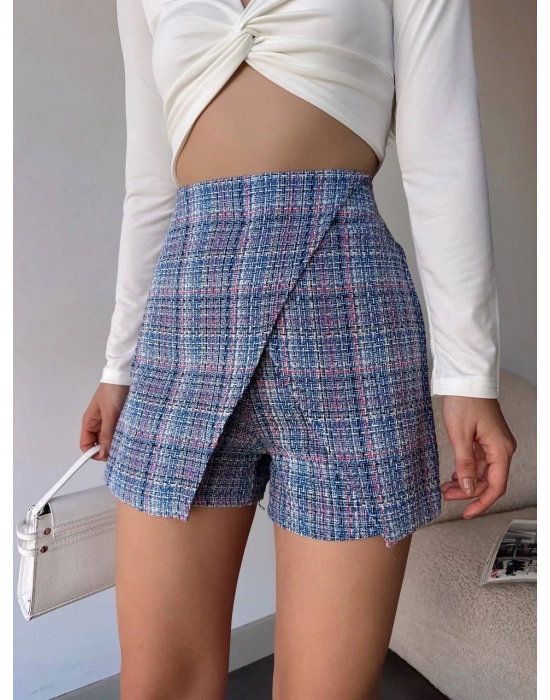 Kapaklı tüvit şort etek mavi